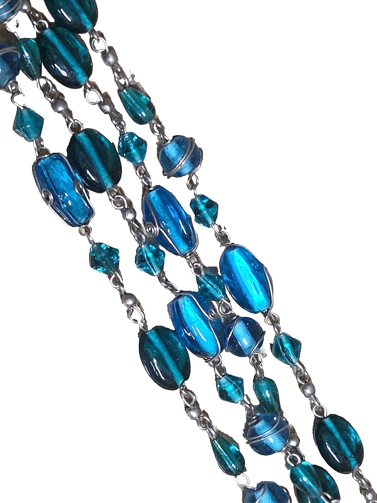 Vintage Wire Wrapped Faceted Blue Glass Beads Necklace Flapper Length 48 in.