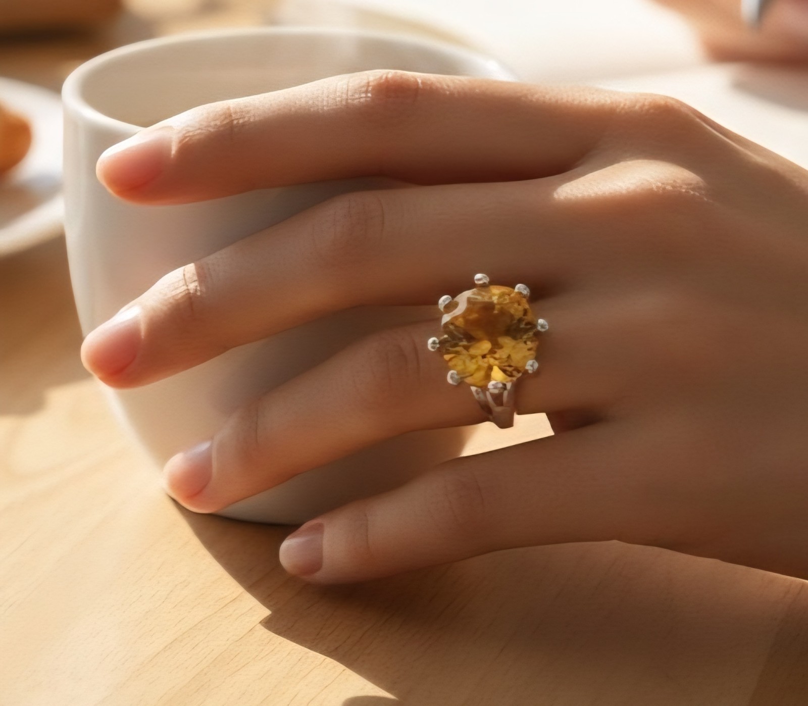 Large Round Citrine Statement Ring 925 Sterling Silver Nov. Birthstone Size 8.5