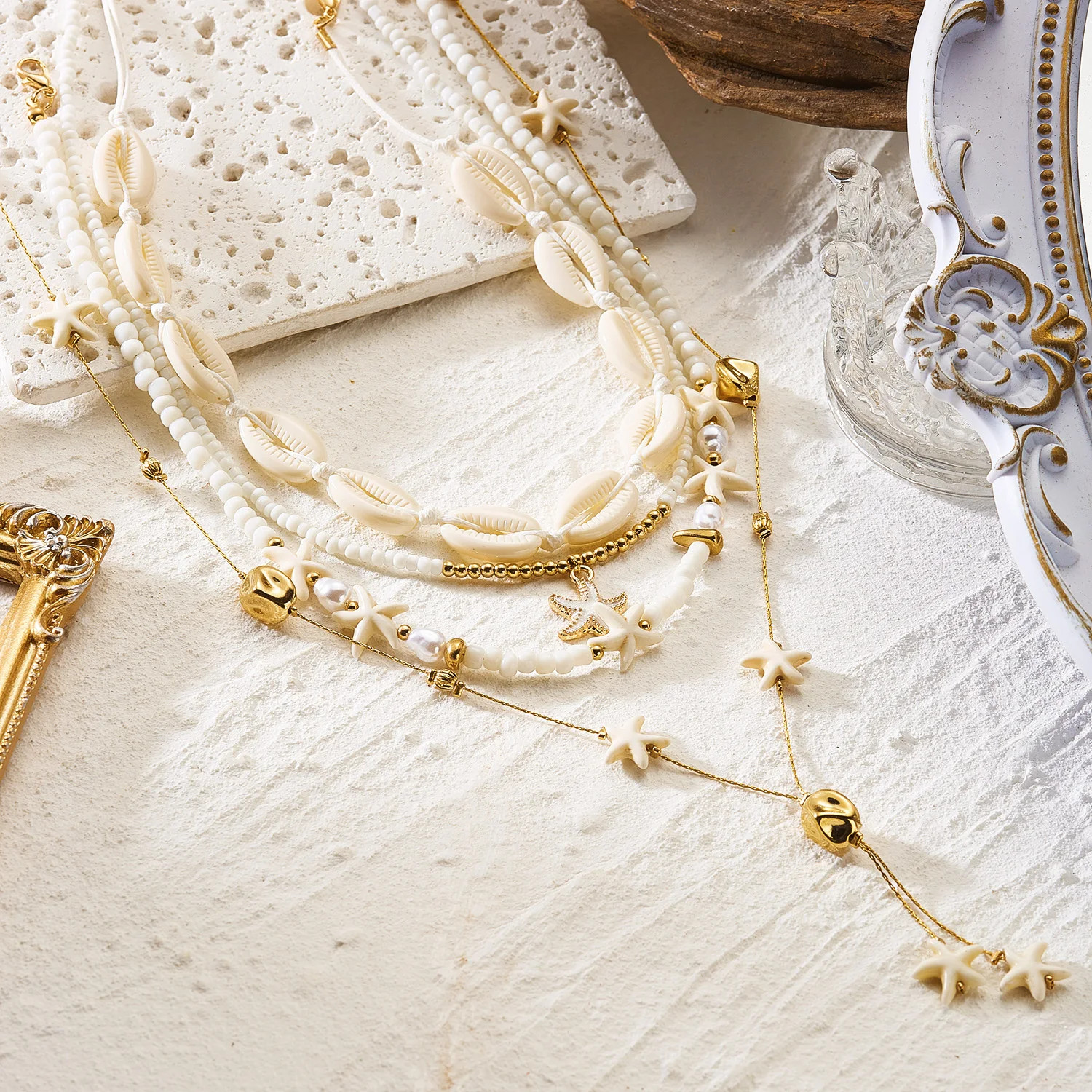 Bohemian Elegant Multilayer Sea Shell Rice Beads Necklace For Women Starfish Pen