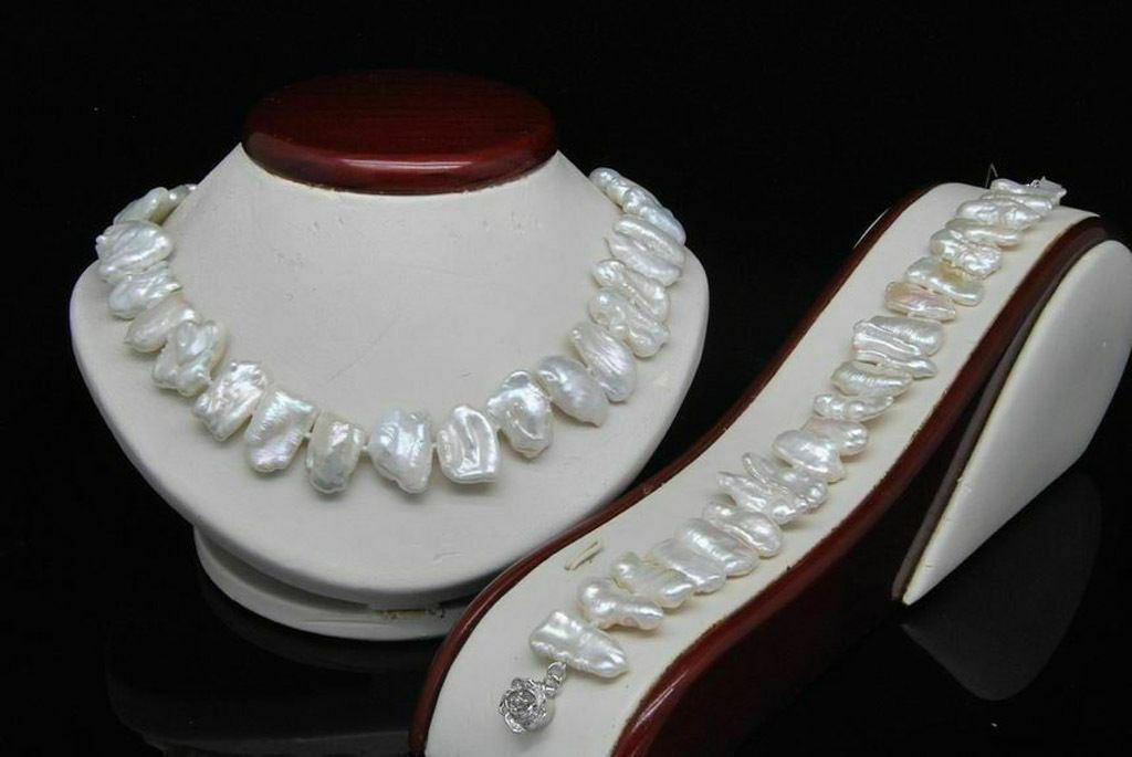 Natural White Biwa Pearl 7-15mm Baroque Beads Necklace Bracelet Set 18” 7.5”