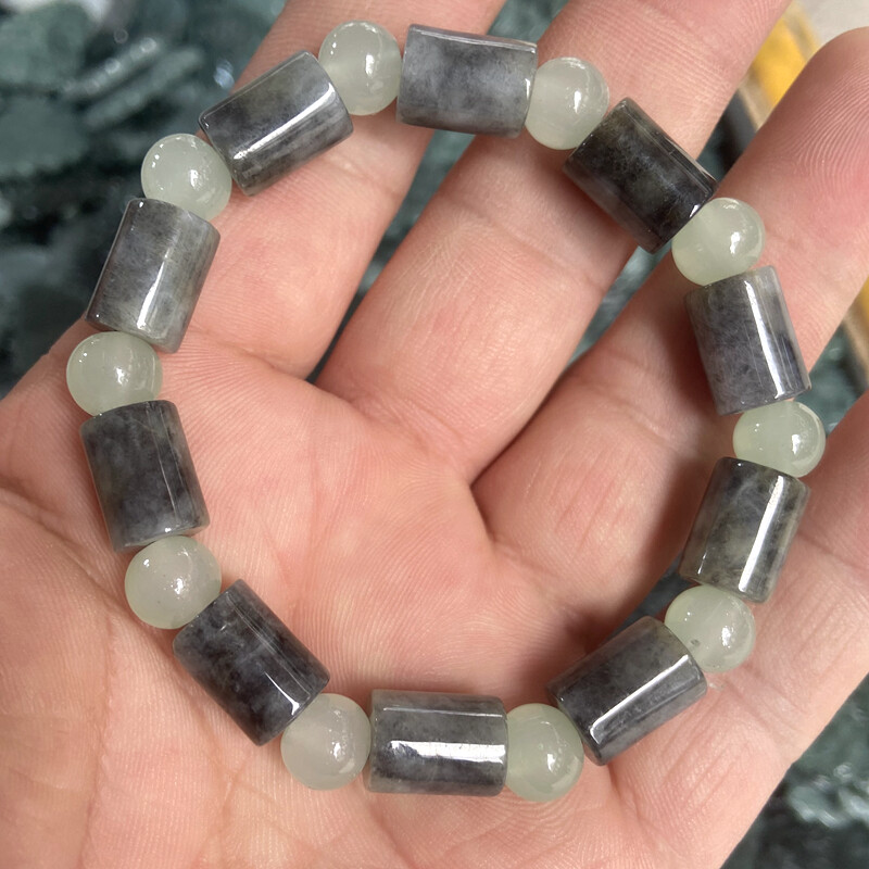 Certified Gray Natural Type A Jade Jadeite Carved Circle 路路通 Bead Bracelet 7.5“