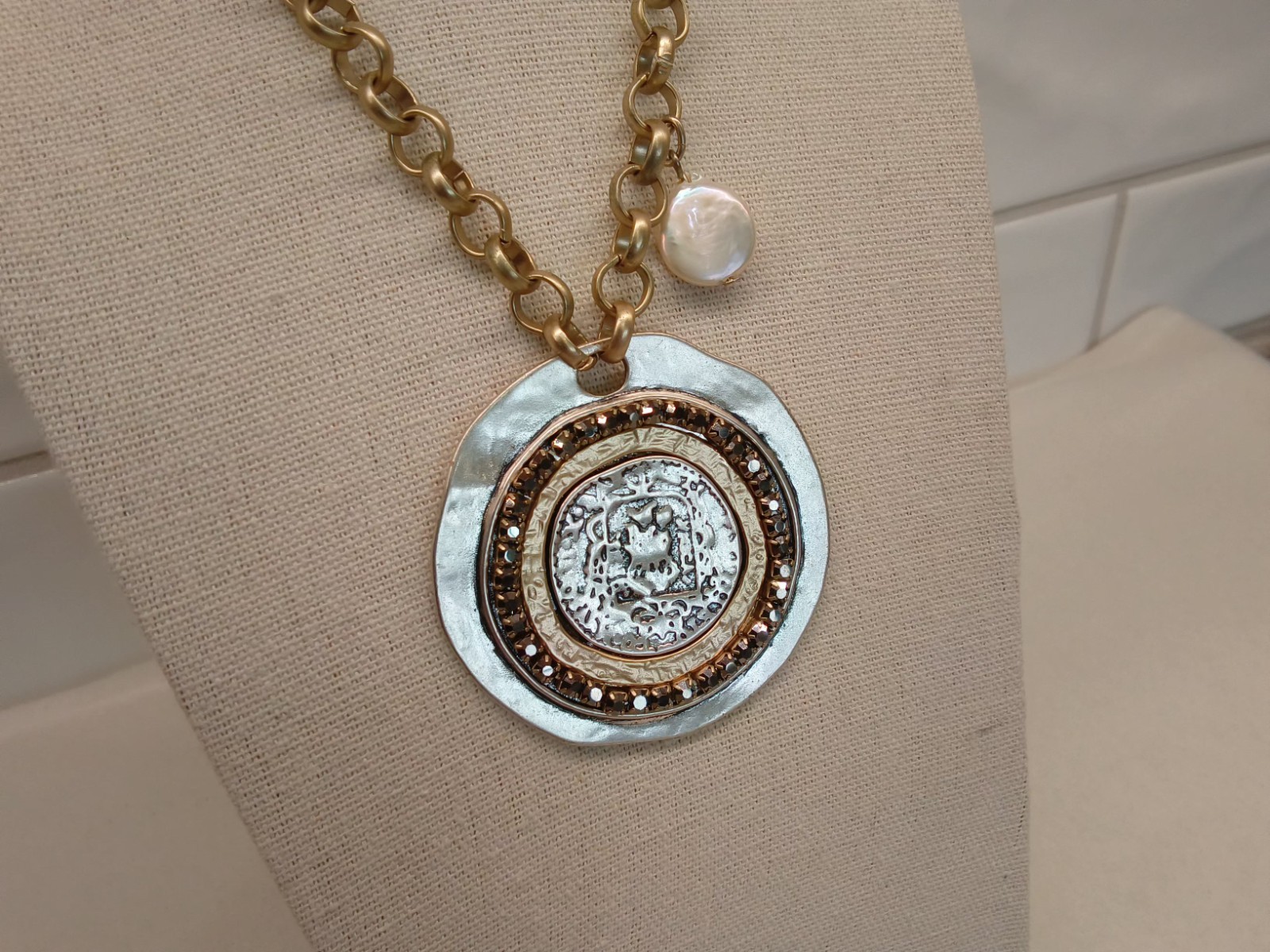 Chico’s Branded Medallion Necklace, Silver and Gold Tone w/Rhinestones