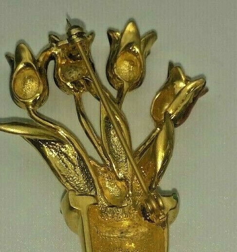 Brooch Four Tulips Red Purple Green Golden Pin