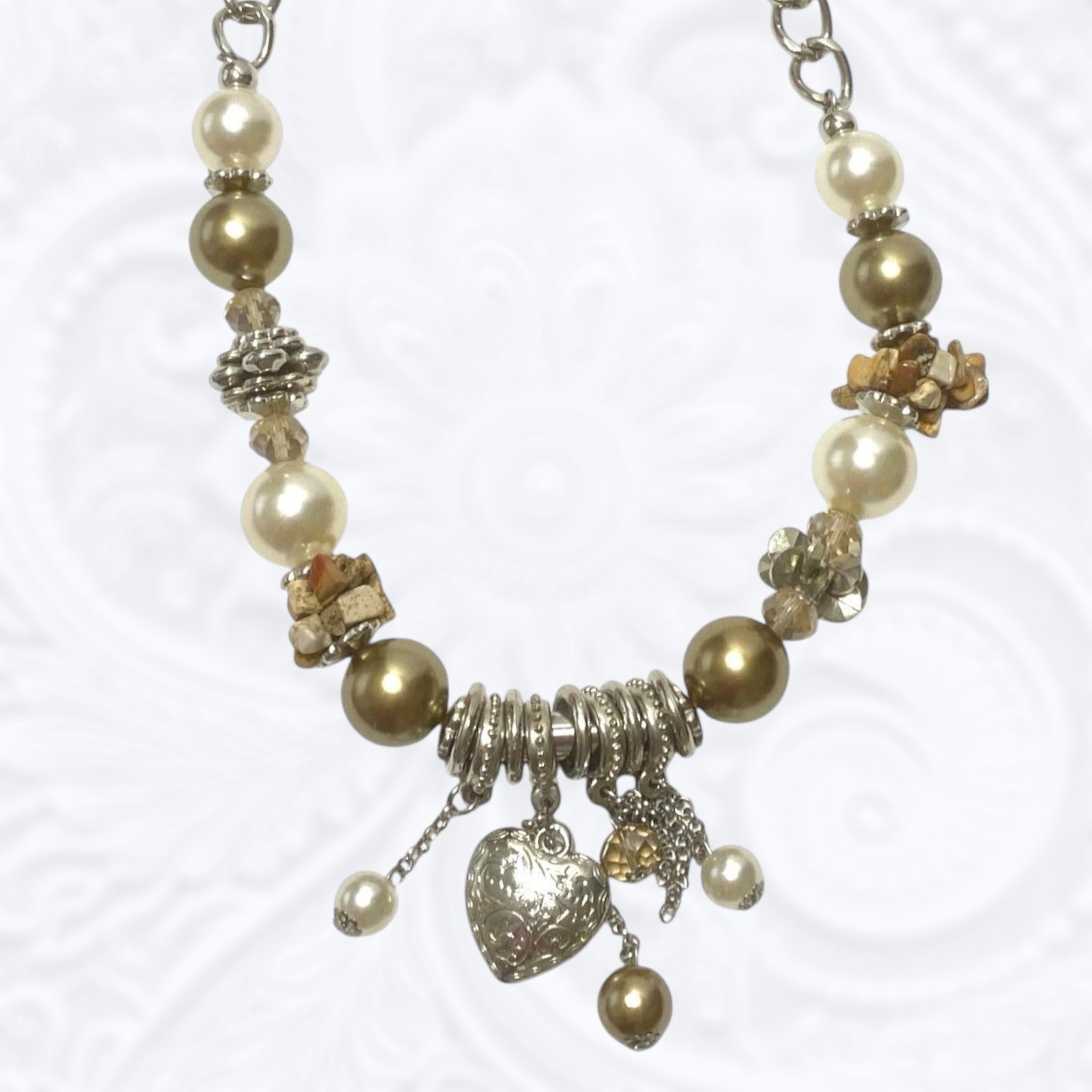 Chunky Charm Statement Necklace Puffy Heart Crystal Simulated Pearl Collar Chain