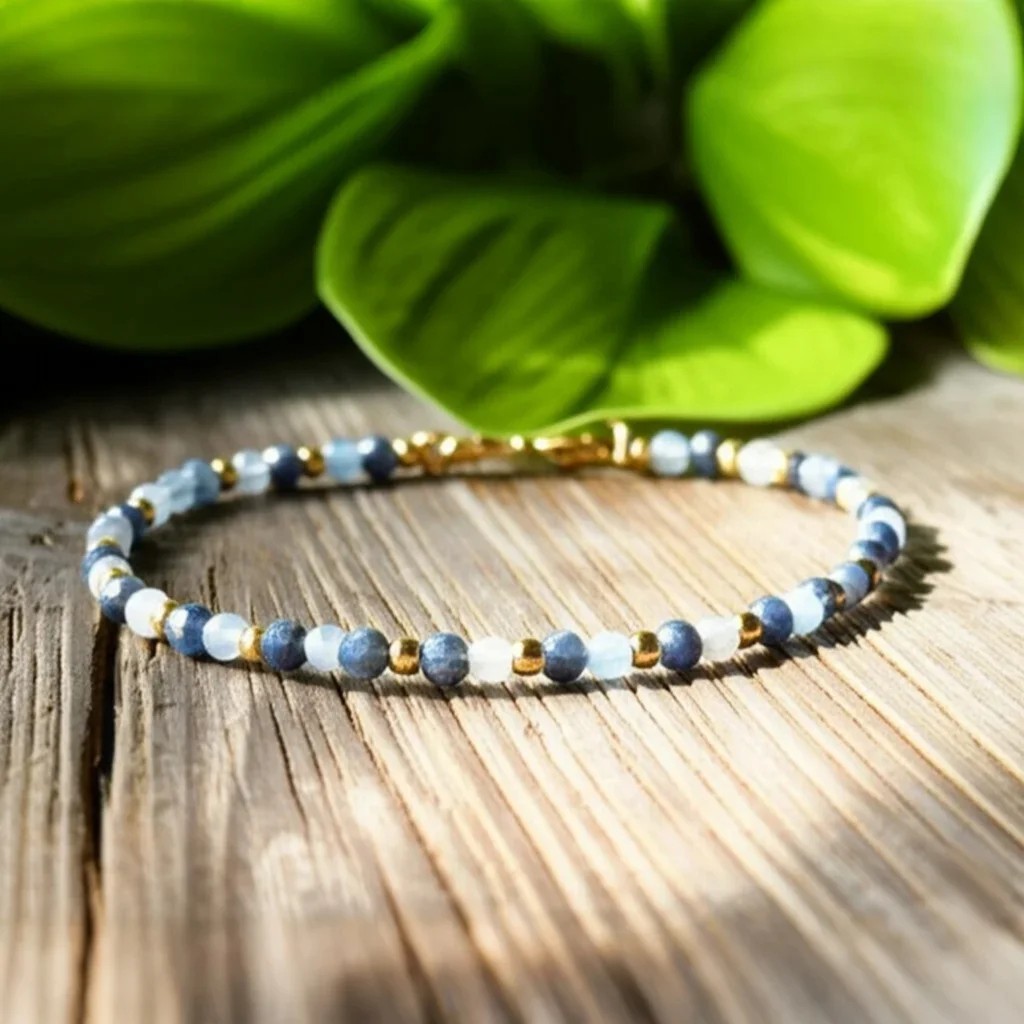 Aquamarine Sapphire 3mm Faceted Bead Minimalist Crystal Gemstone Dainty Bracelet
