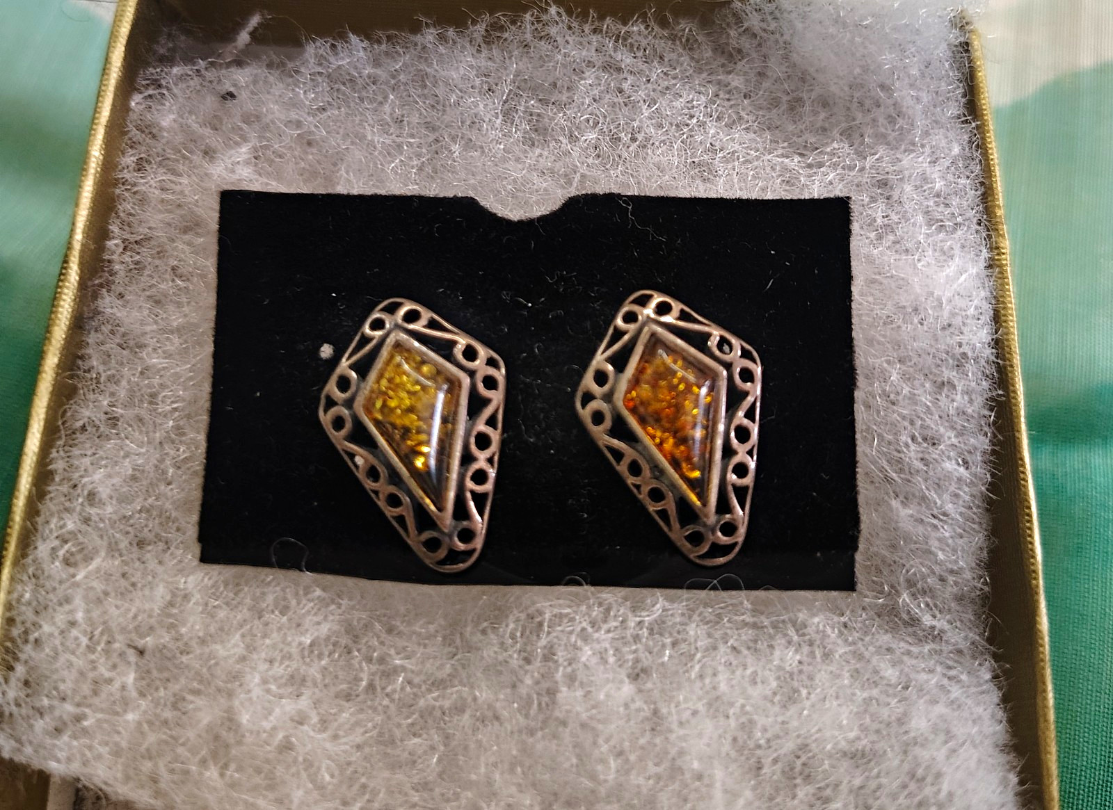 925 Silver Amber Baguette Rectangle Stud Earrings Butterfly Closure