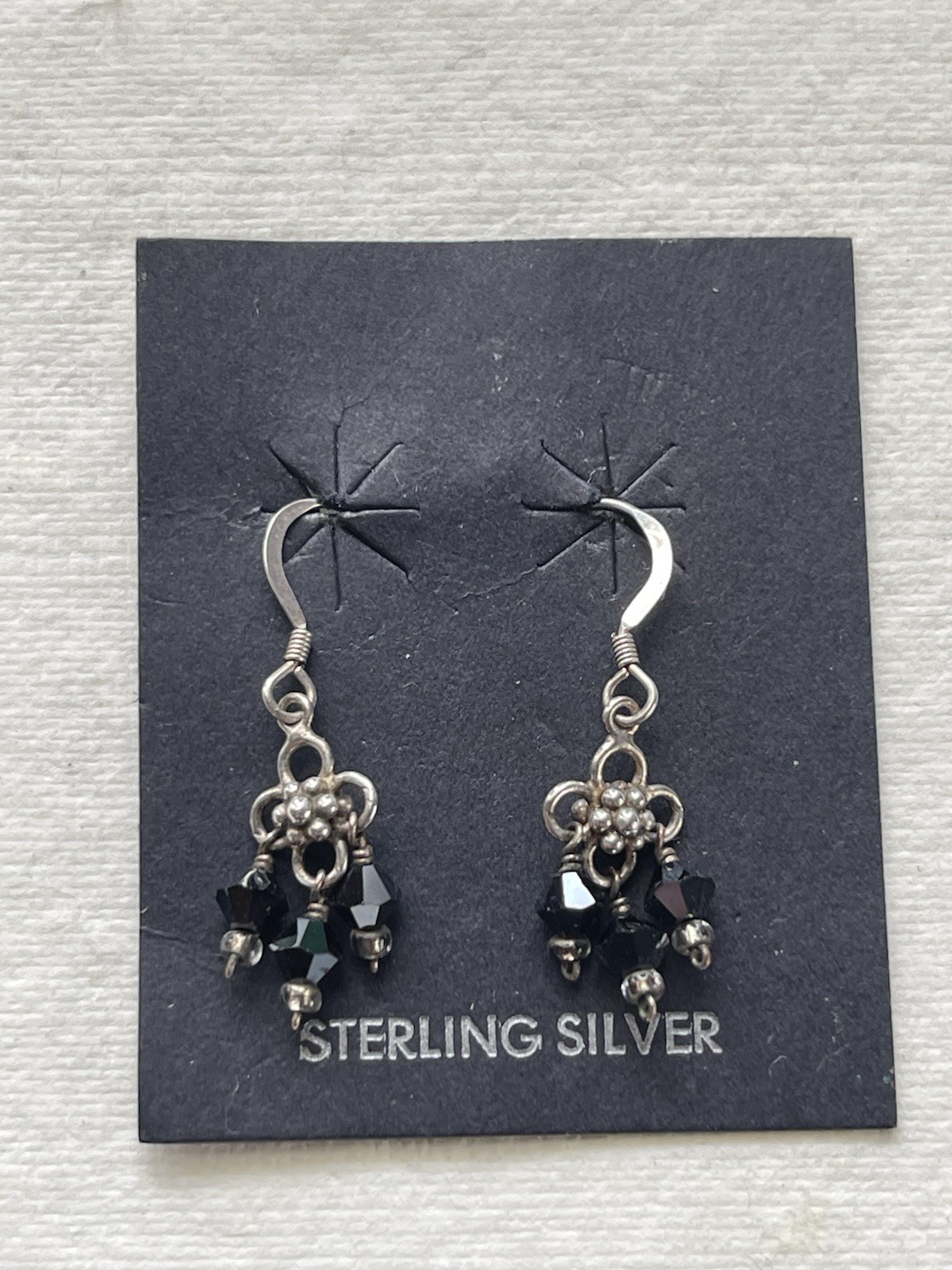 Sterling .925 Handmade Chandelier Black and Silver Crystal Drop Dangle Earrings