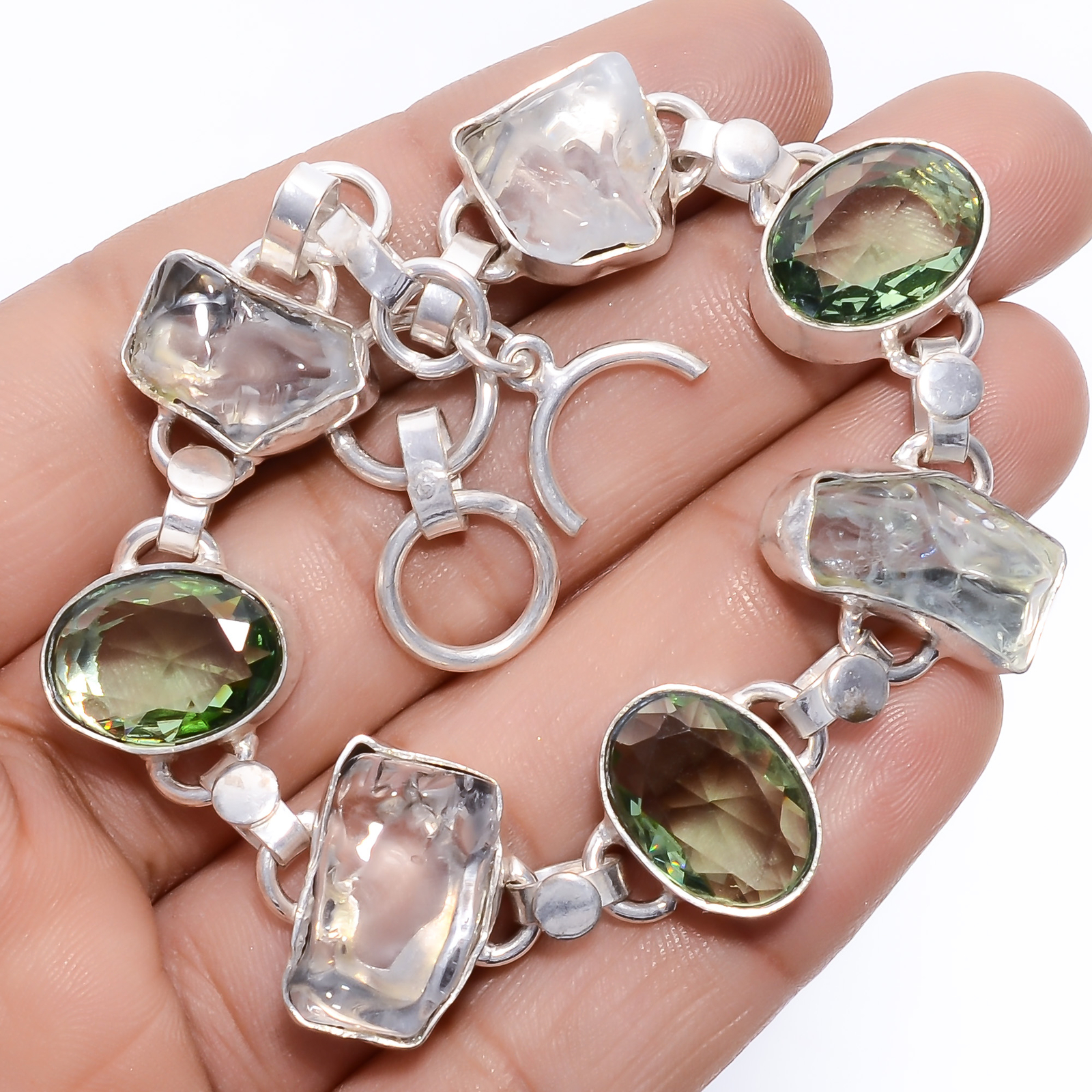 Green Amethyst Crystal Gemstone Fashion Jewelry 925 Silver Bracelet 6-7″ ARB1015