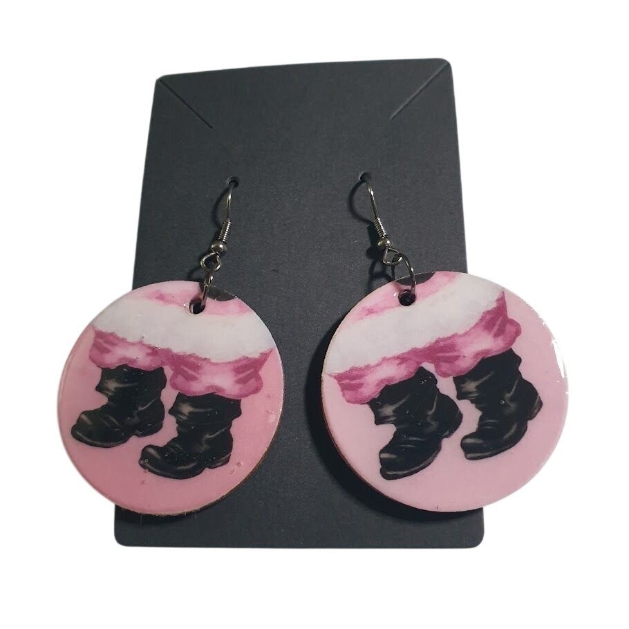 Santa Boots Pink Wooden Earrings Fun Lightweight Durable Handmade Holiday Gift