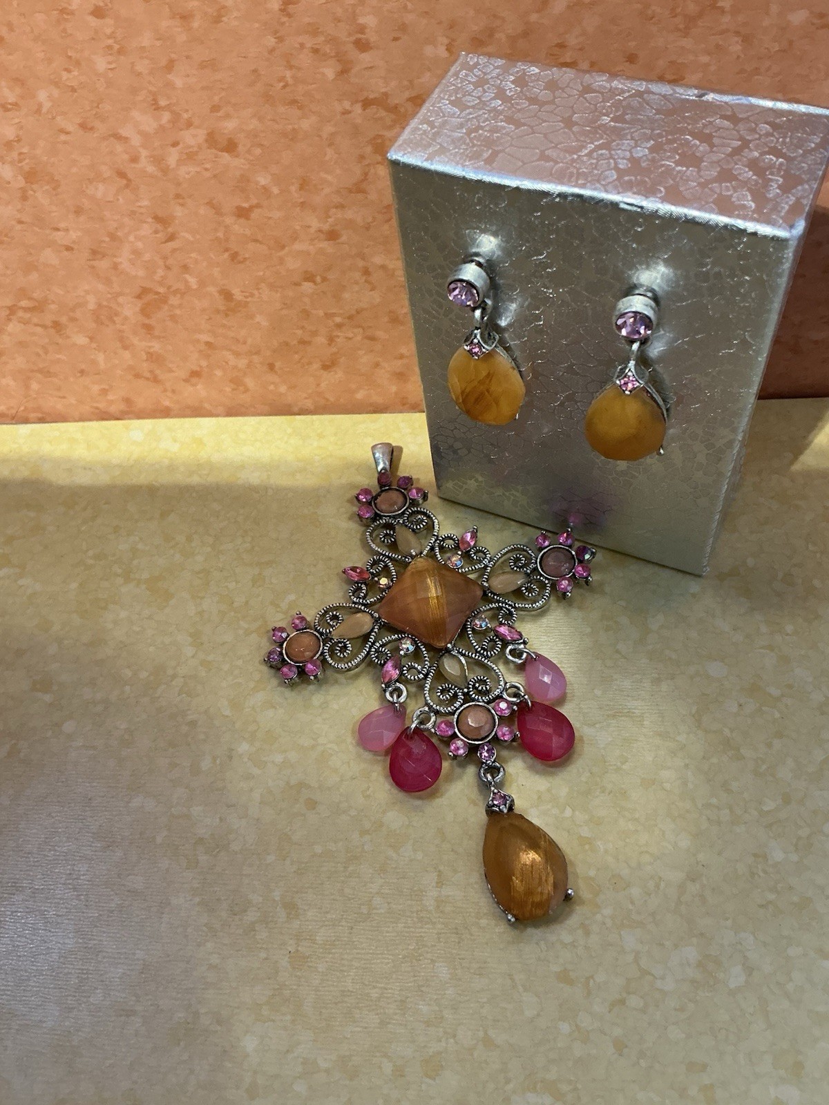 Edwardian Inspired Christian Cross Pendant & Earrings Pinks Orange Summer GOTH