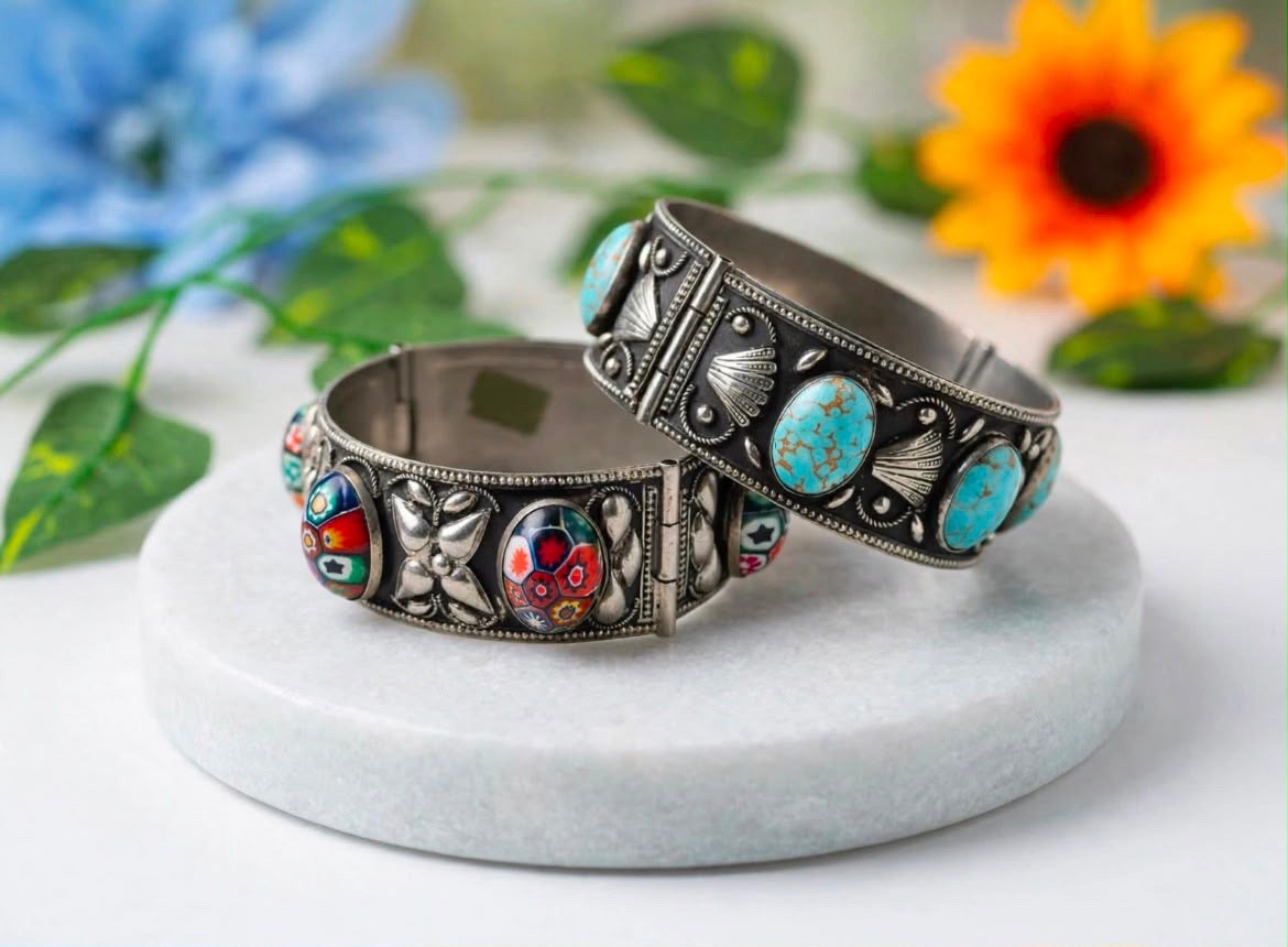 Vintage Moroccan Millefiori Mosaic Glass Cuff Bracelet Silver Tone Tribal Hinged