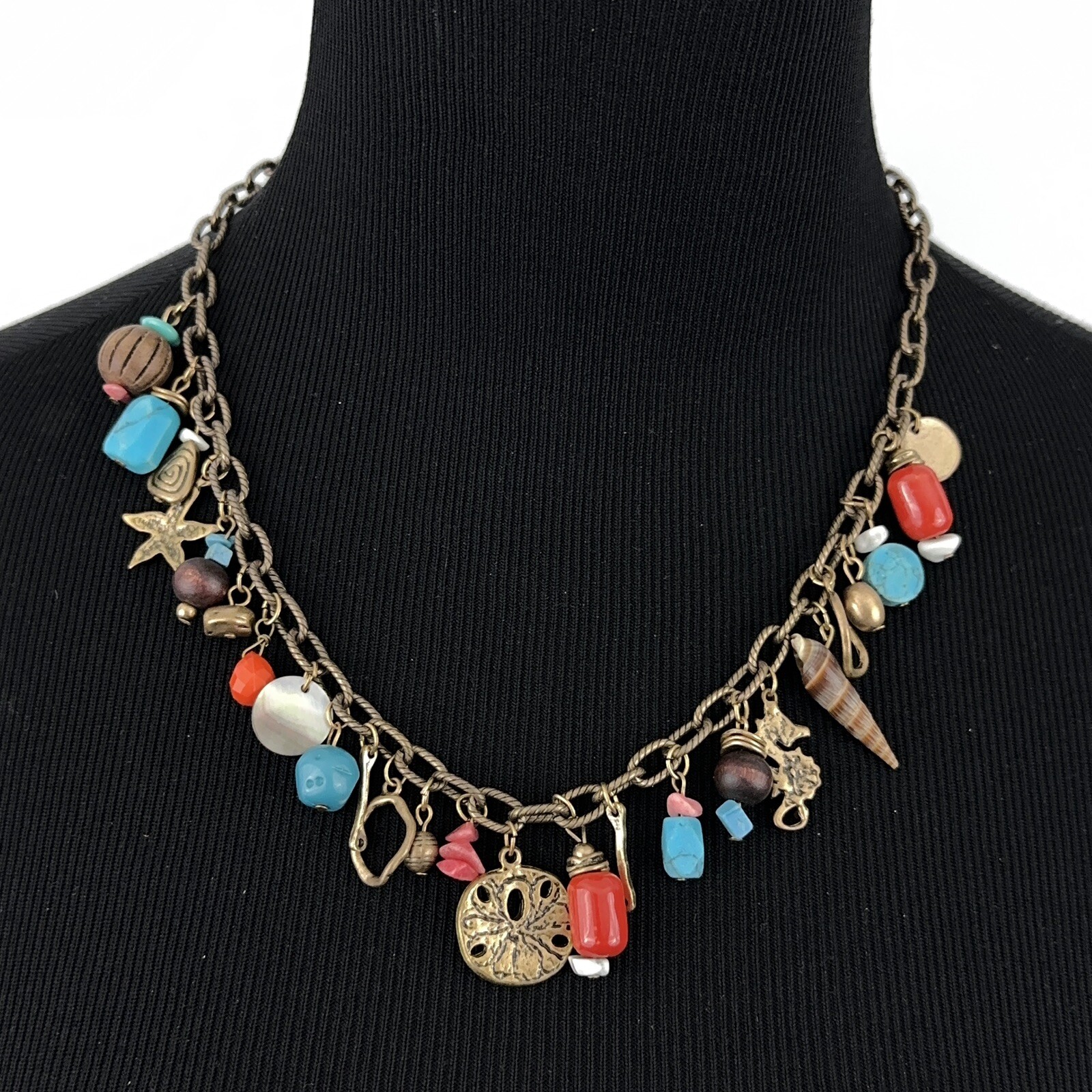 COLDWATER CREEK necklace w/ beach charms – 20″ mixed material sea life dangle