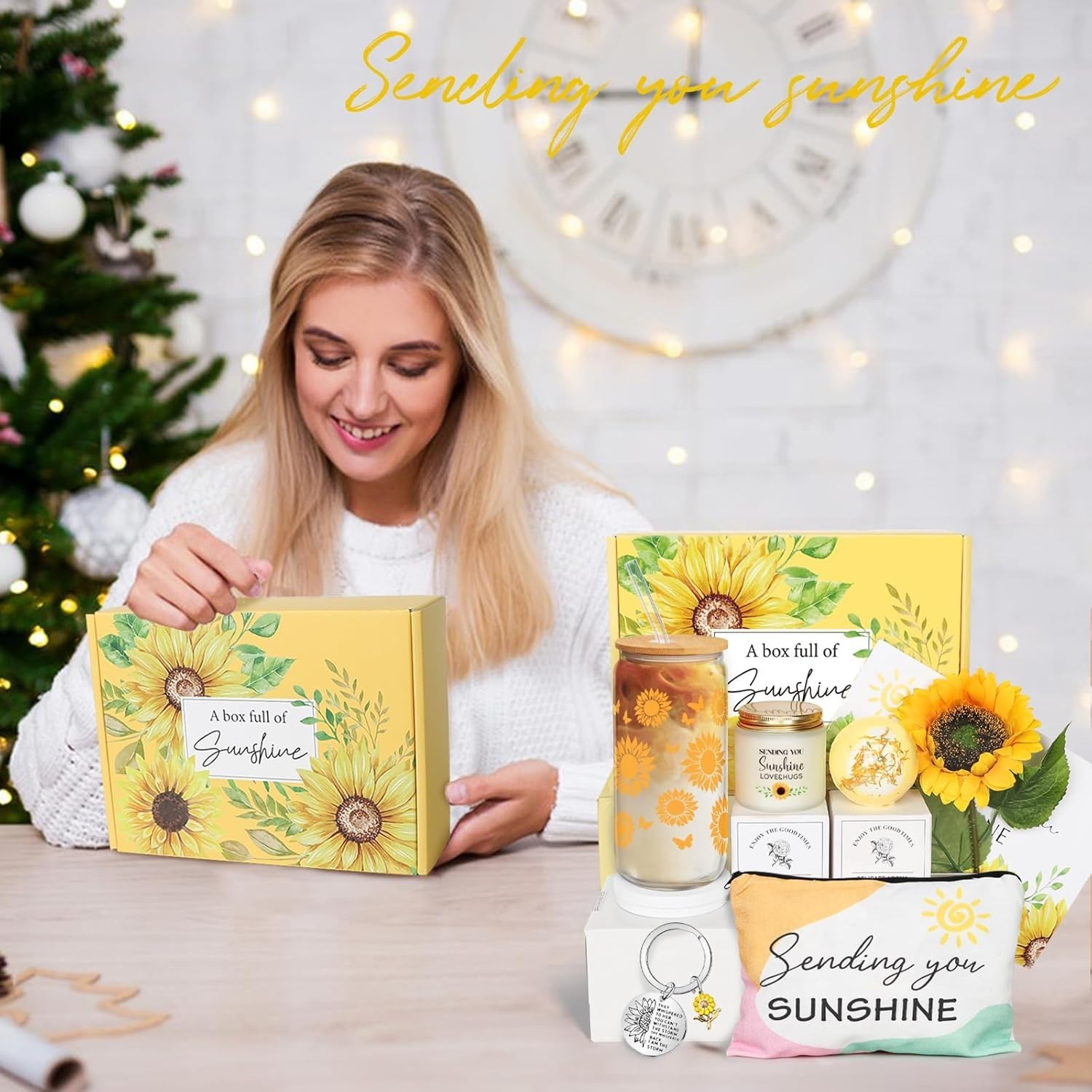 Sunflower Gift Basket for Women, 7pc Sending Sunshine Glass Cup Set
