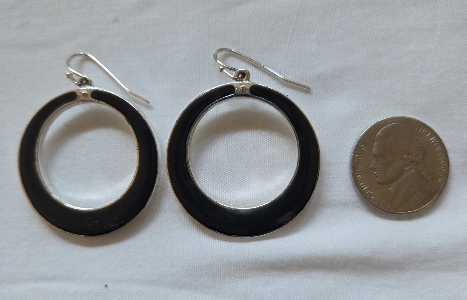 Black Silver Round Hoop Fashion Earrings Hook Closure Approx. 1 in Diameter