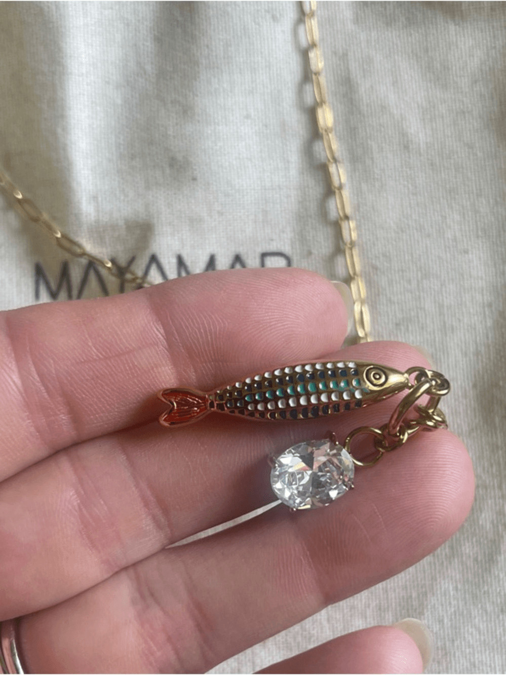Mayamar Gold Fish Charm Necklace with CZ Cushion Cut Diamond charm