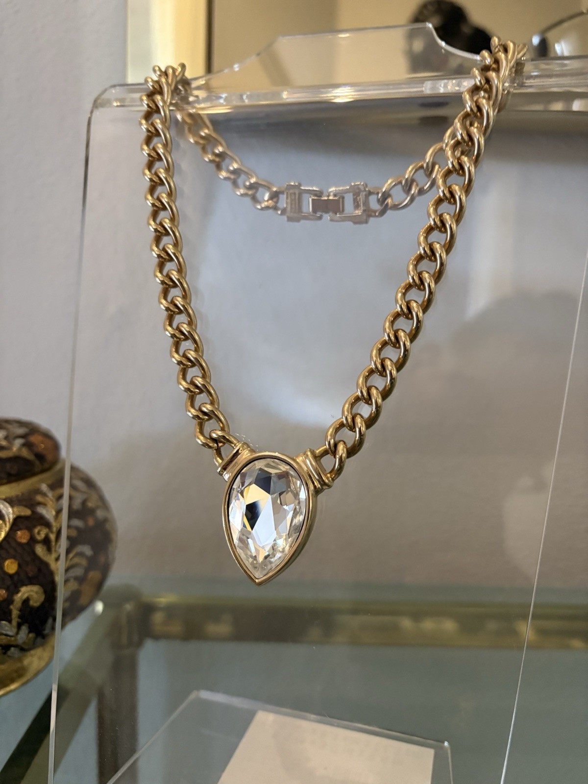 Gold Tone Curb Link Chain Necklace Teardrop Clear Crystal Charm Pendant