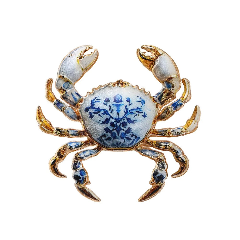 Blue and White Porcelain Pattern Crab Brooch Vintage Enamel Sea Animal Lapel Pin