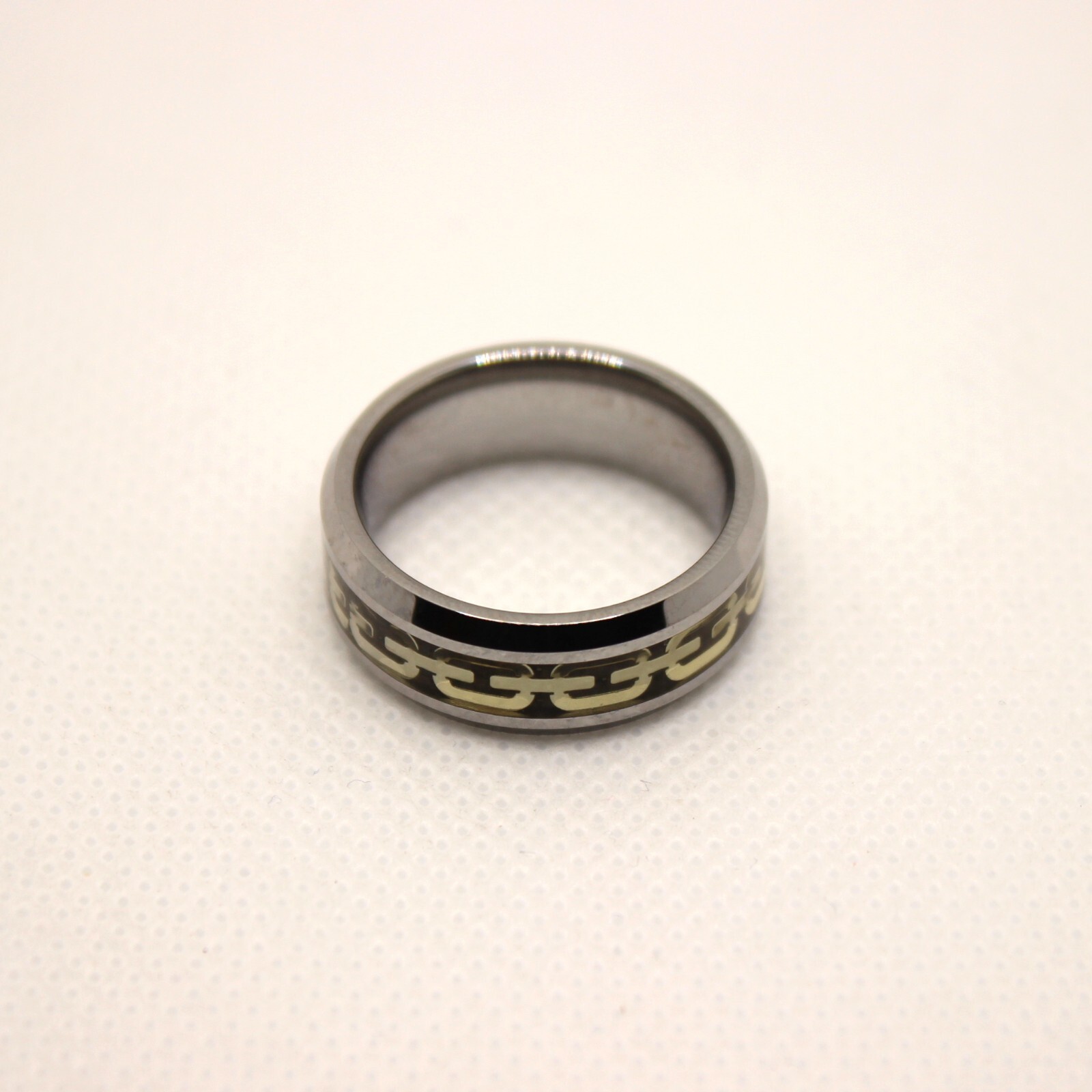 Tungsten Carbide Flat Yellow Chain Link Inlay Beveled Edge Wedding Band Ring 8mm
