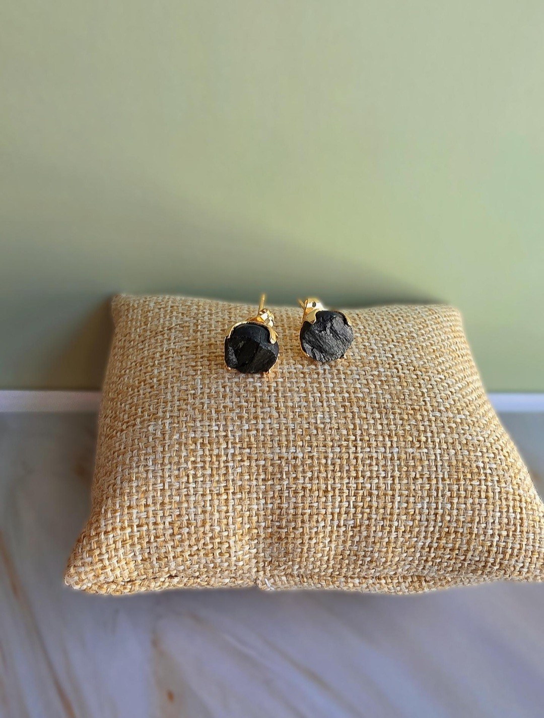 Black Tourmaline Gold Stud Earrings 18K Plated Healing Protection Gift