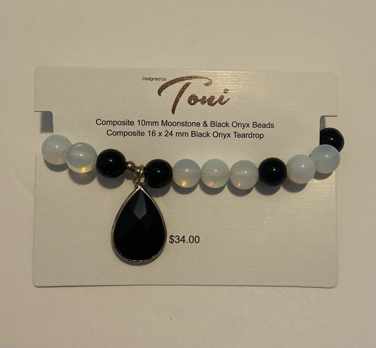 Toni Composite 10mm Moonstone & Black Onyx Beaded Bracket W/Teardrop Pendant New