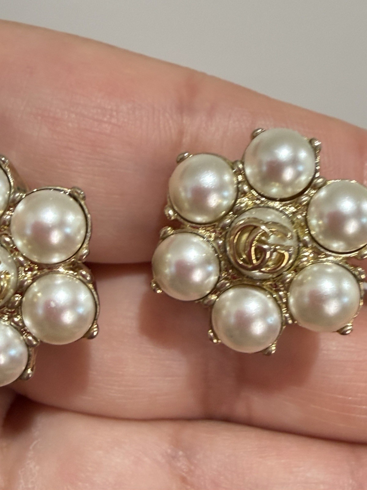Authentic Gucci Double GG Faux Pearl Flower Earrings.