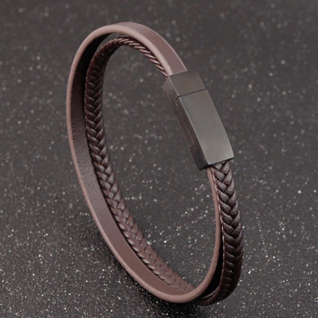 Men’s Women Black Braided 2 Bands Genuine Leather Bracelet Magnetic Bangle 8.2″