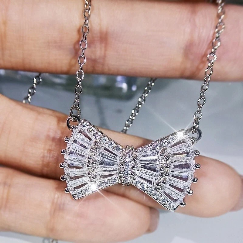 2.15Ct Baguette Cut Simulated Diamond Women’s Bow Pendant 14K White Gold Plated