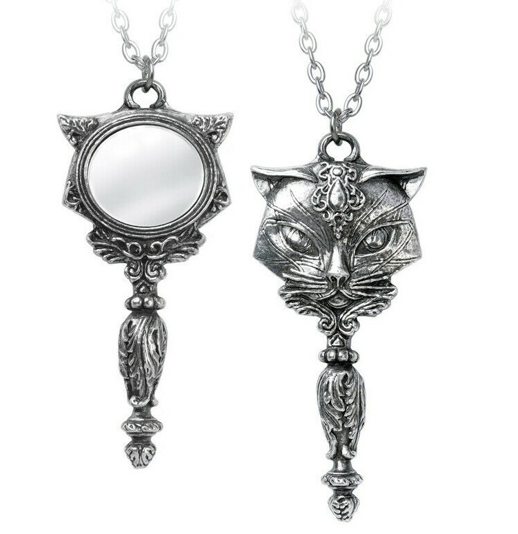 Alchemy Gothic Sacred Cat Vanitas Hand Mirror Fine English Pewter Pendant P889