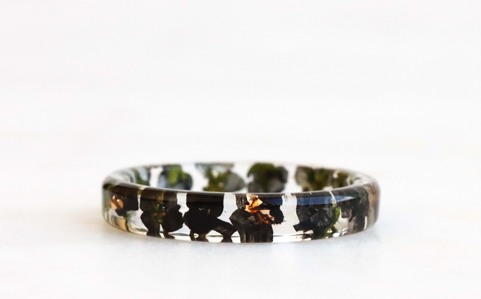 Thin Resin Ring With Pressed Black Flowers and Gold Flakes, Nature Inspired Band