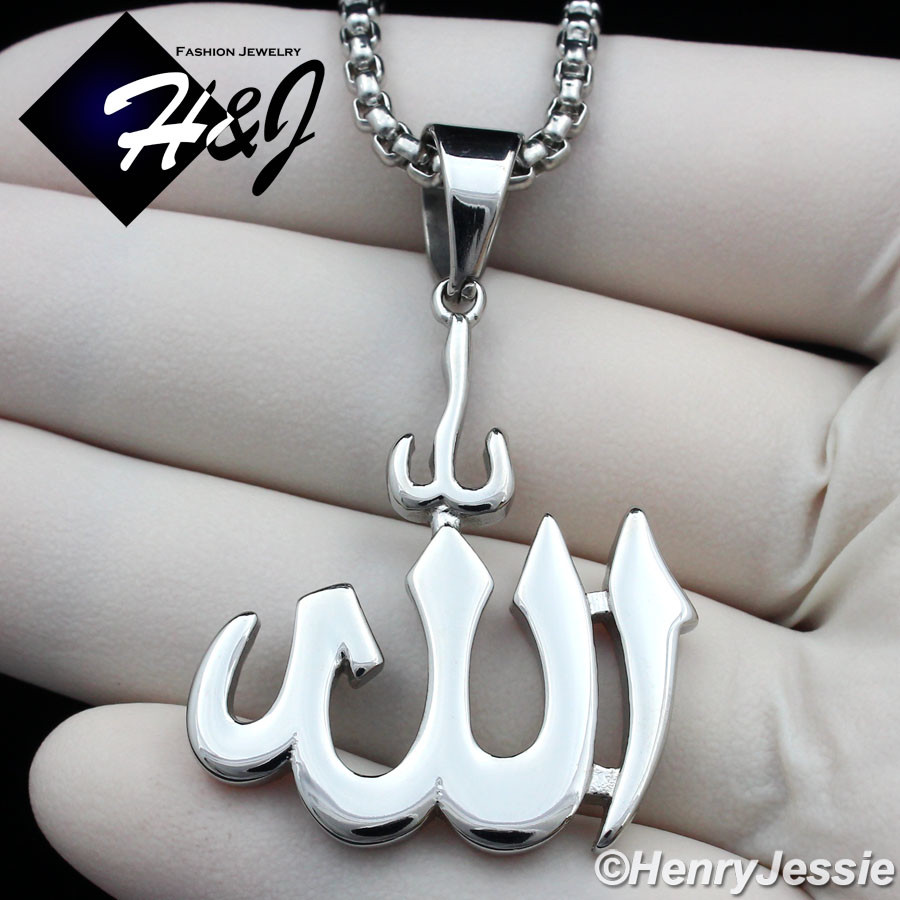 20″MEN Stainless Steel 3mm Silver Box Chain Necklace Muslim Allah Pendant*P107