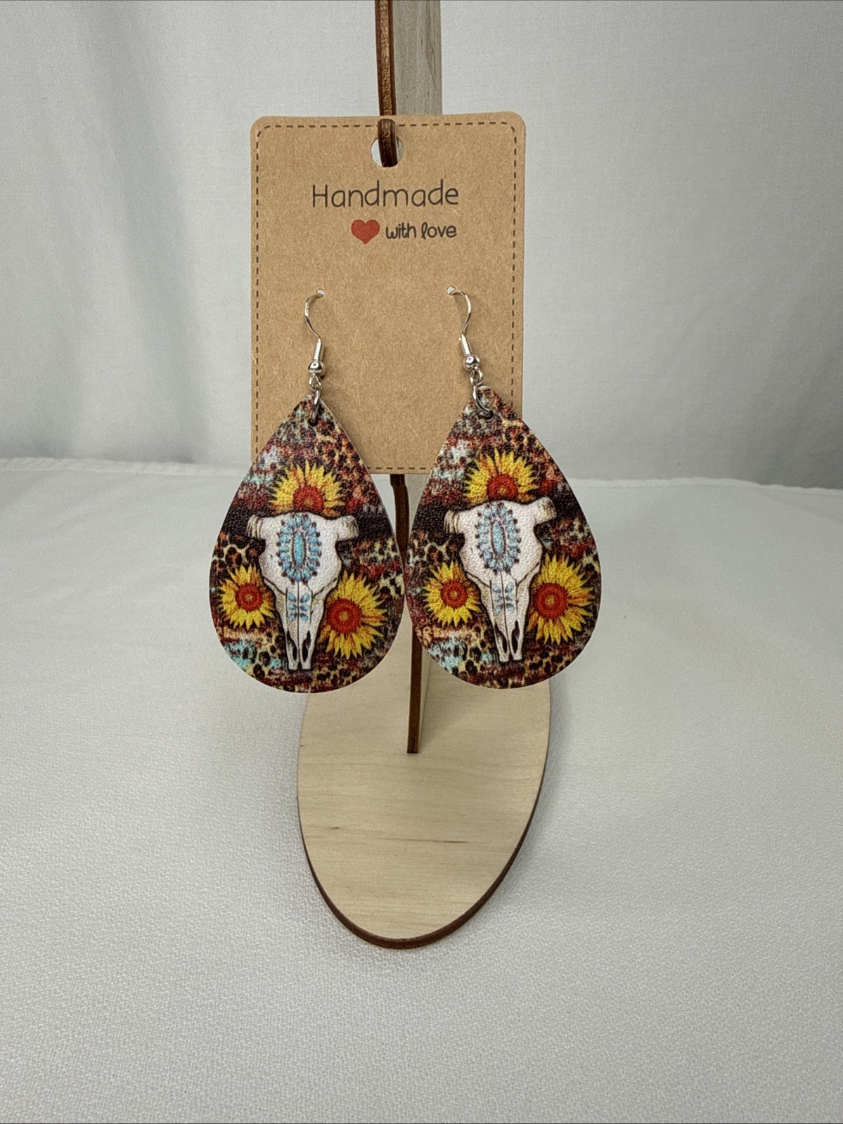 Cow Head Faux Leather Teardrop Dangle Earrings W/Hypoallergenic Silver Hooks