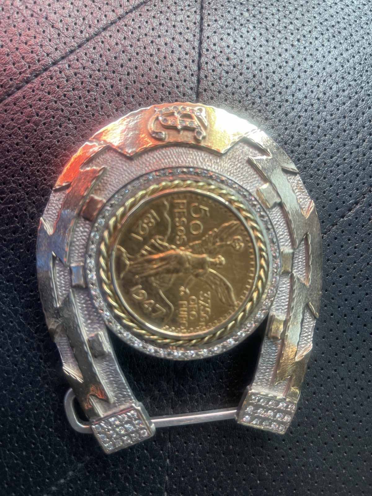 Heavy solid Gold & Silver Buckle made with a 1947 Mexican Centenaro 50 Gold coin
