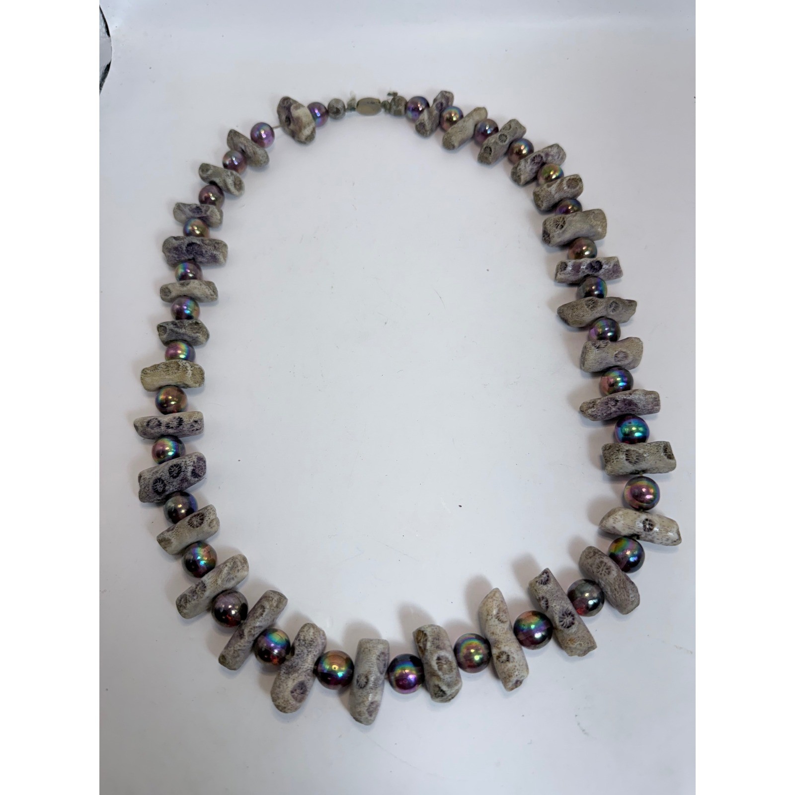 Vintage Fossil Coral and Iridescent Rainbow Pearl Beaded Necklace 24 Inch