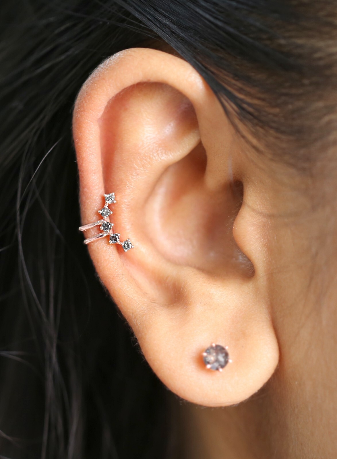 Round Black Grey Diamond Ear Cuff 14K Rose White Yellow Gold Ear Cuff KD1070