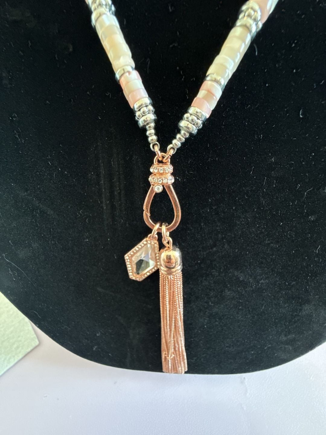 Bomb Party Original Pendant Necklace with Pink and Cream Beads and Rose Gold Ton
