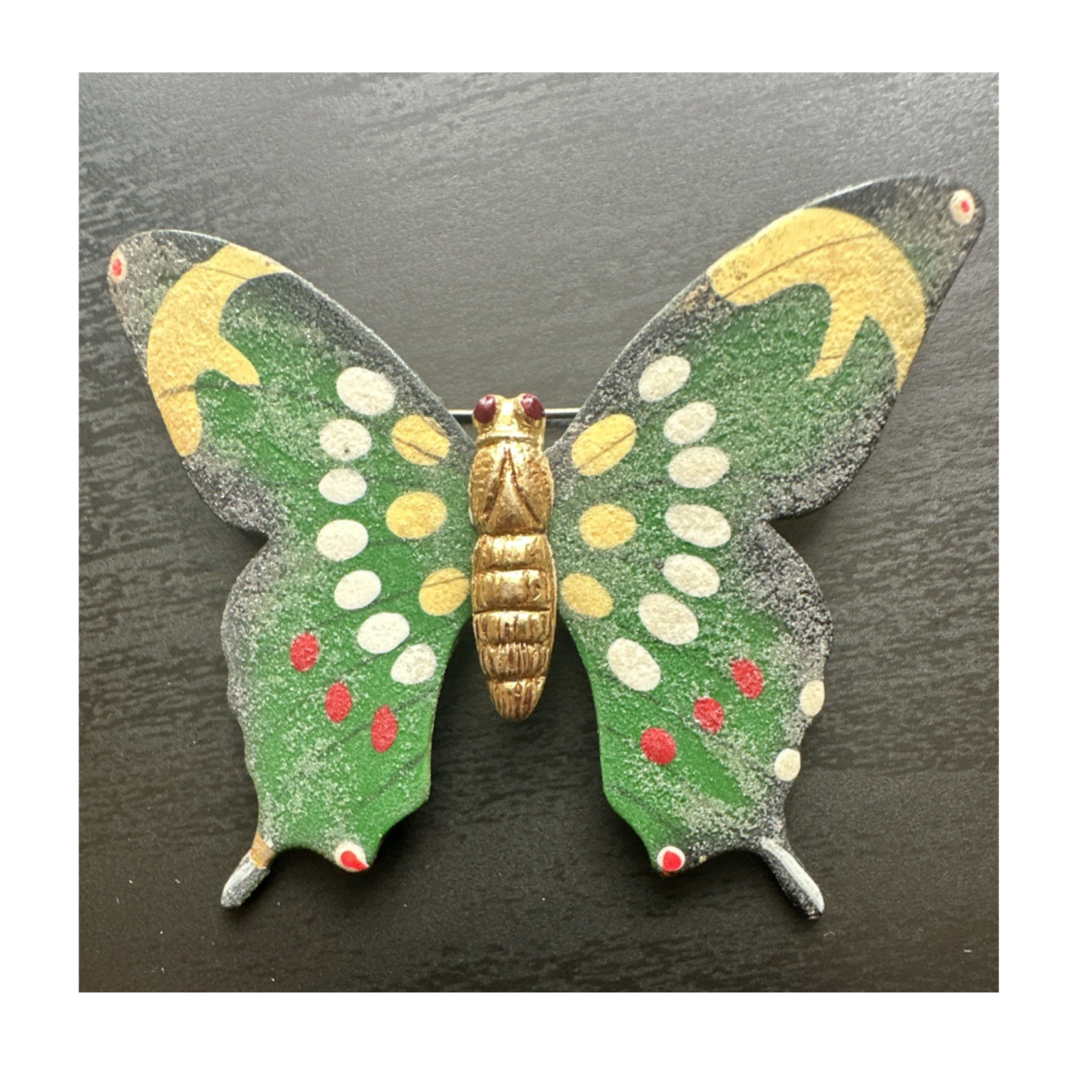 Vintage Made In Korea Butterfly Brooch Pin Metal Green Gold White Red