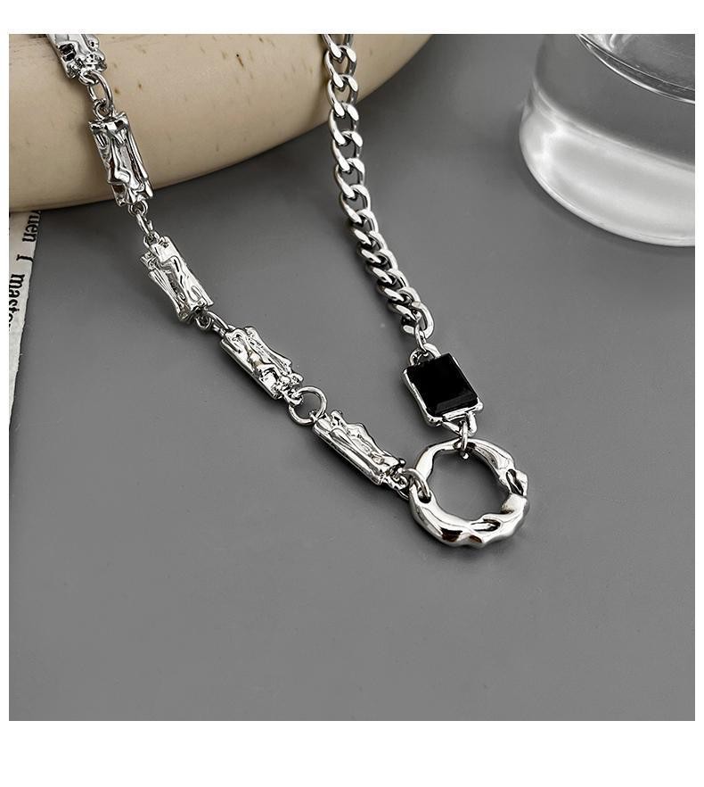 Silver Titanium Mixed Link Necklace Square Black Zirconia Clasp Unisex Jewelry