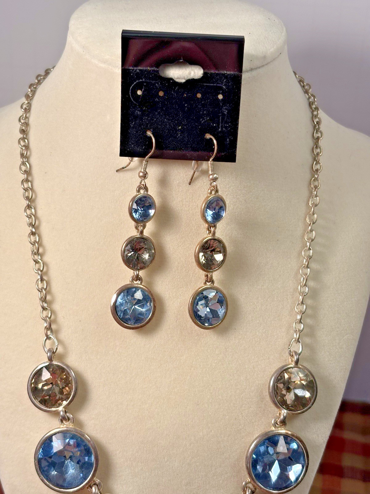 Dana Buchman statement necklace & earrings, bezel-set round crystals clear, blue