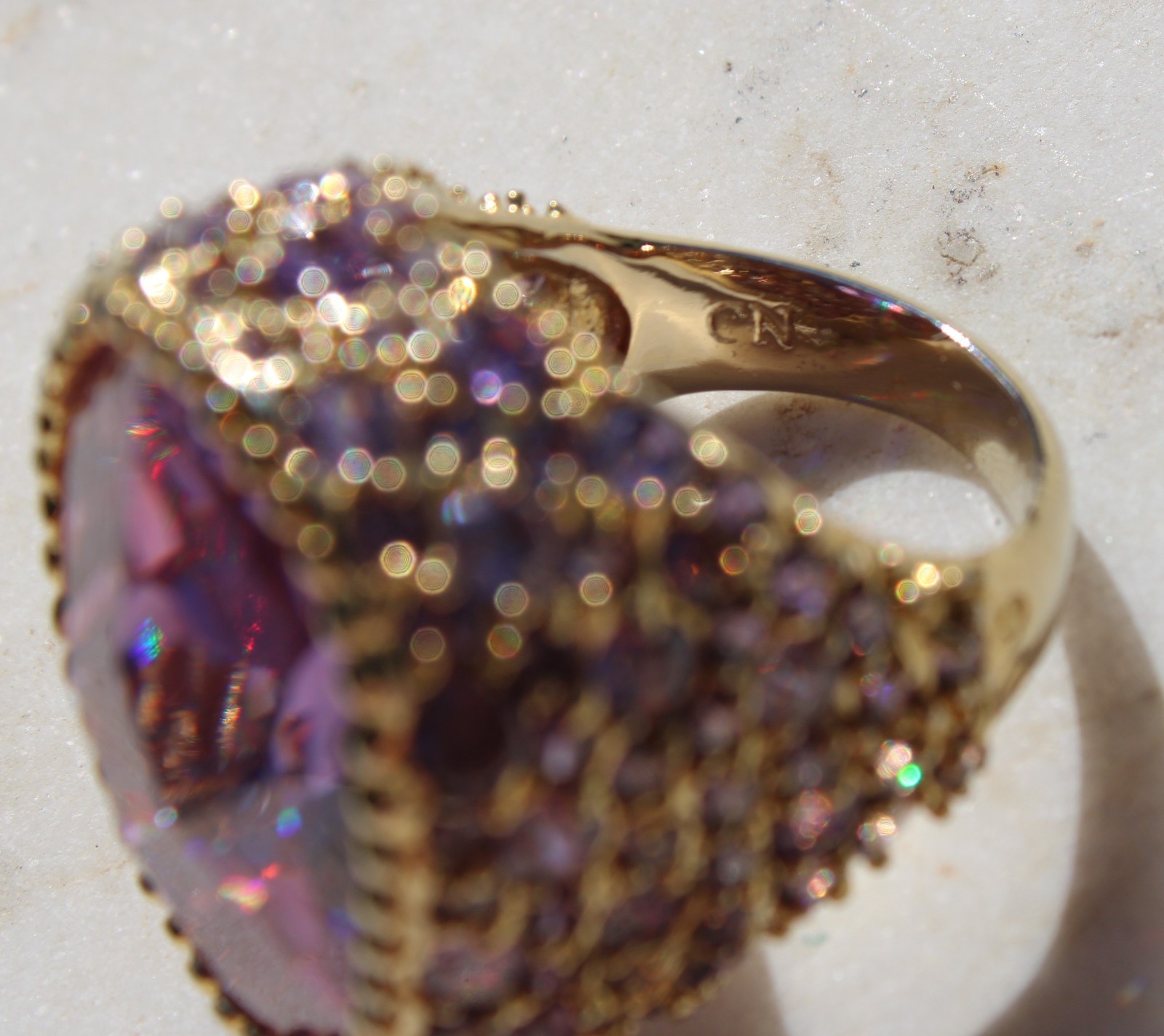 HSN IMAN Global Chic Brilliant Pink & Multi Purple Stones Knock Out Ring Size 7