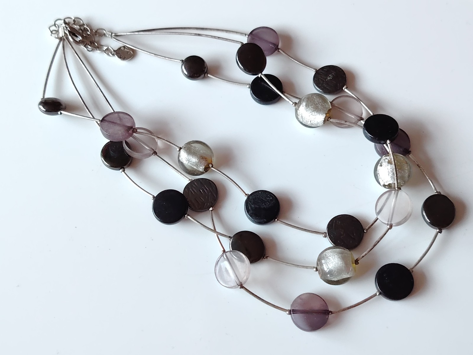 Ikita Silver Tone Foil glass Disc Bead Necklace Layering Metal Tube Multi Strand