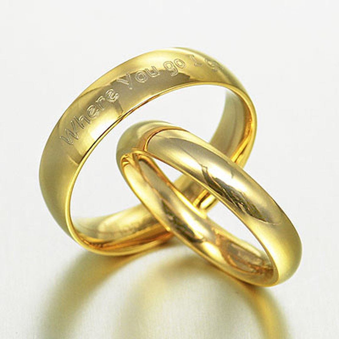 His&Her Yellow Gold Wedding Dome Comfort Fit Titanium Polish Ring Set Sz3.5-16.5
