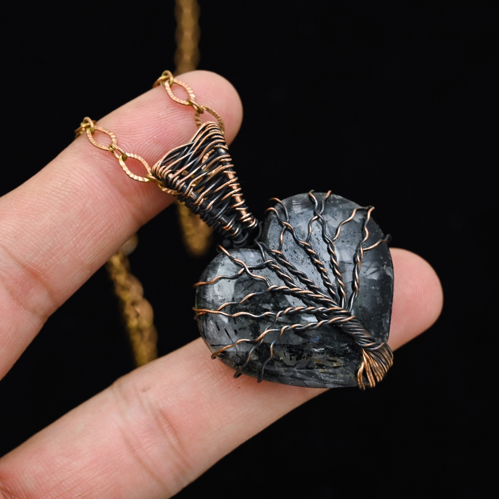 Copper Wire Wrapped Black Rutile Heart Pendant Tree of Life Artisan Necklace