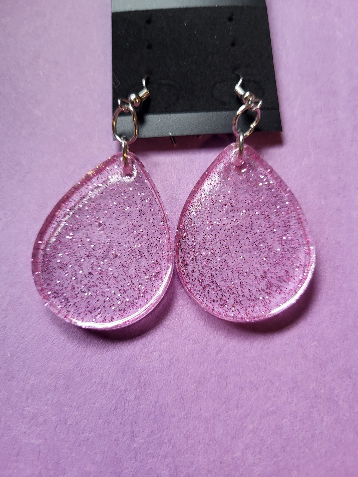 Pink Glitter Resin Teardrop Dangle/Drop Earrings Hook Closure for Lobe No Stone