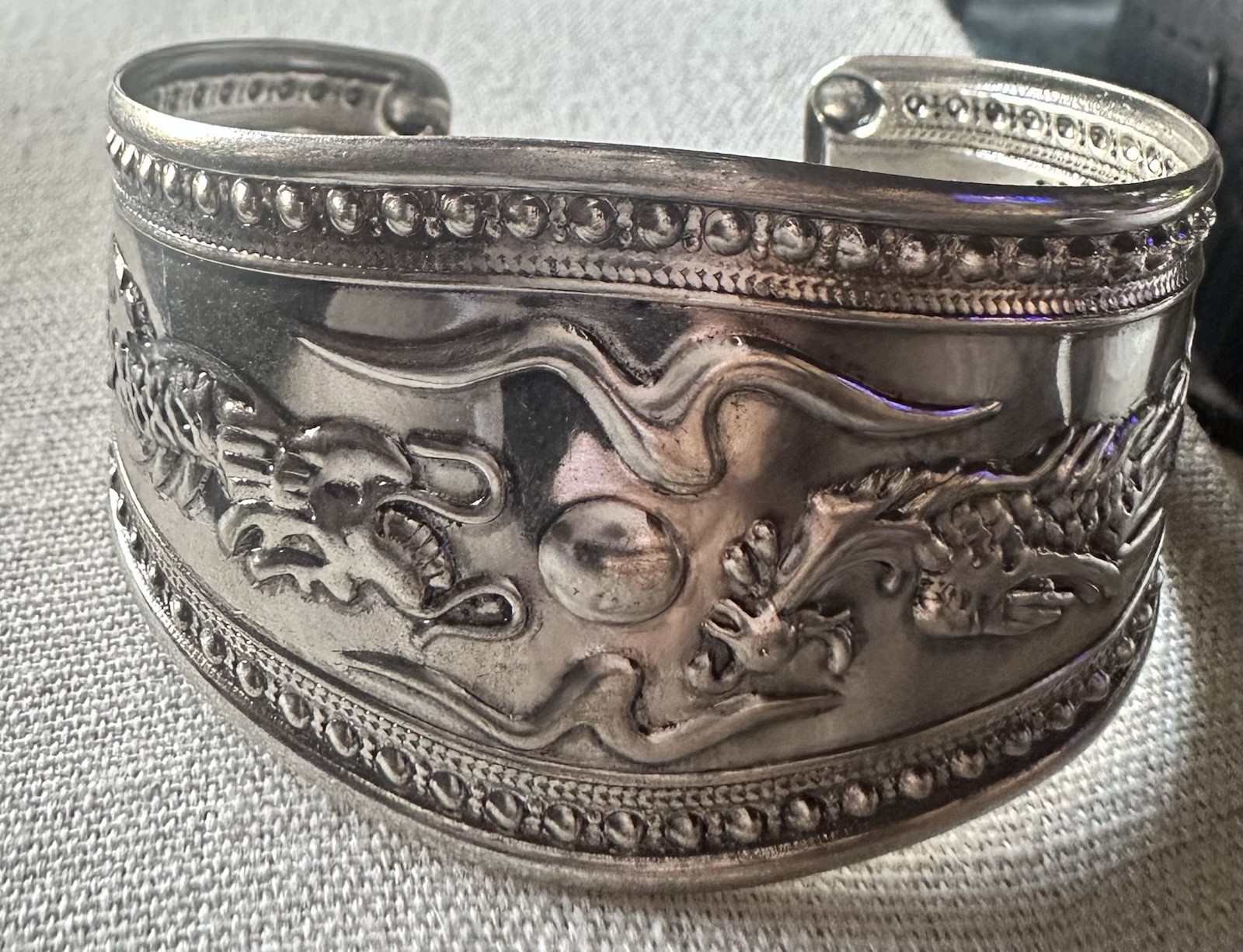Wide Silver Tone Dragon Cuff Bracelet Asian Inspired Statement 1.5”