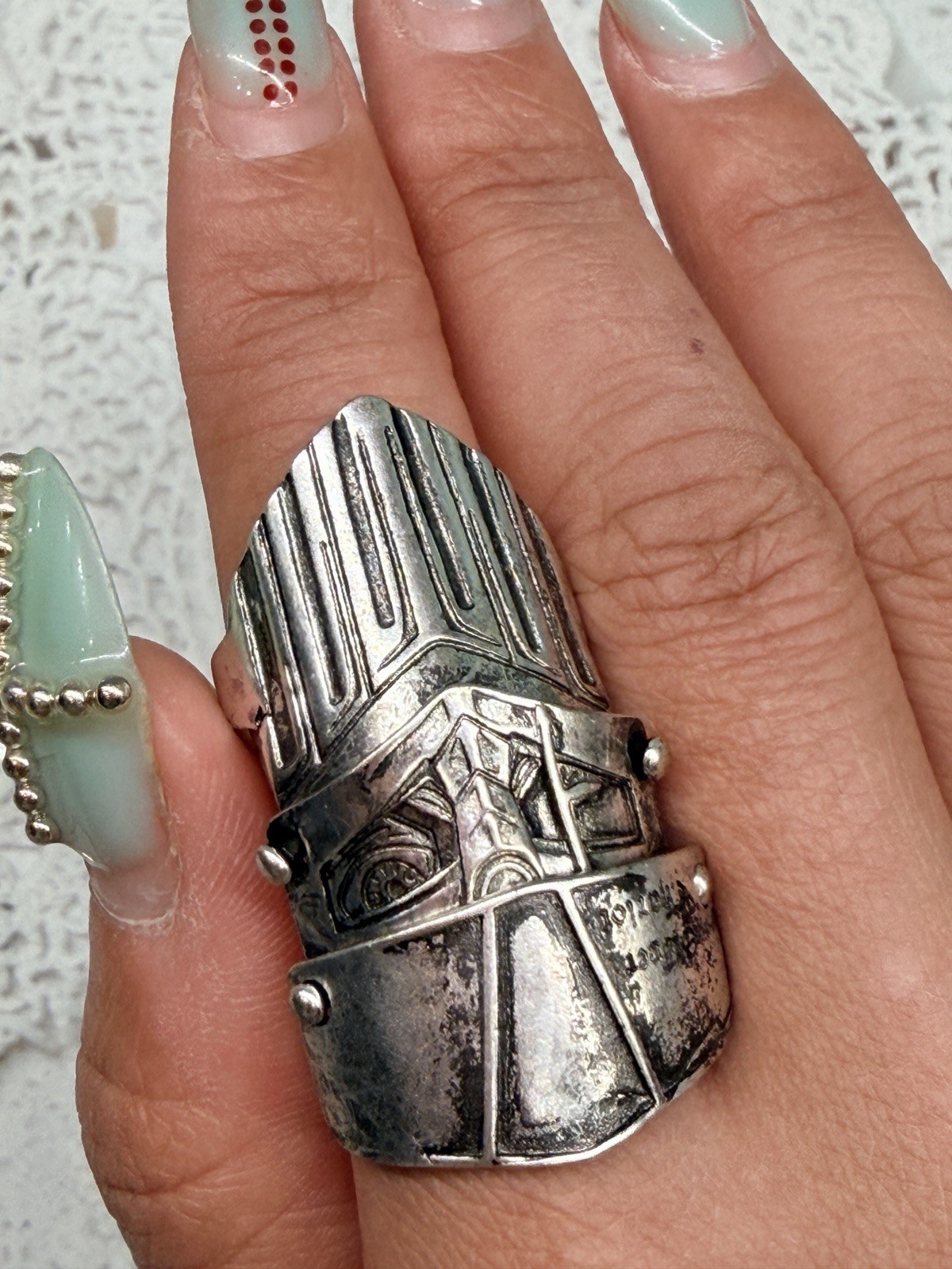 Armor Style Full Finger Adjustable Ring Silver Tone Medieval Theme Costume