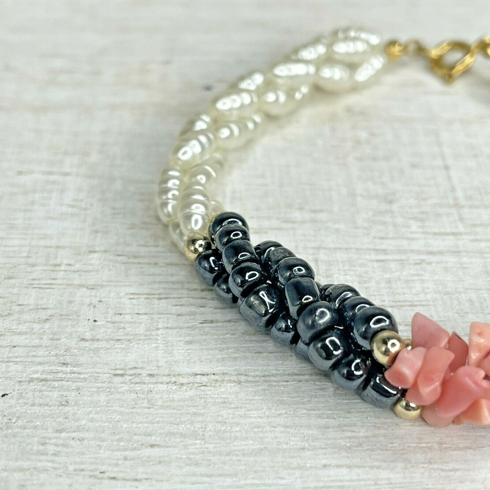 Coral Pink White Black Faux Pearl Bead Bracelet