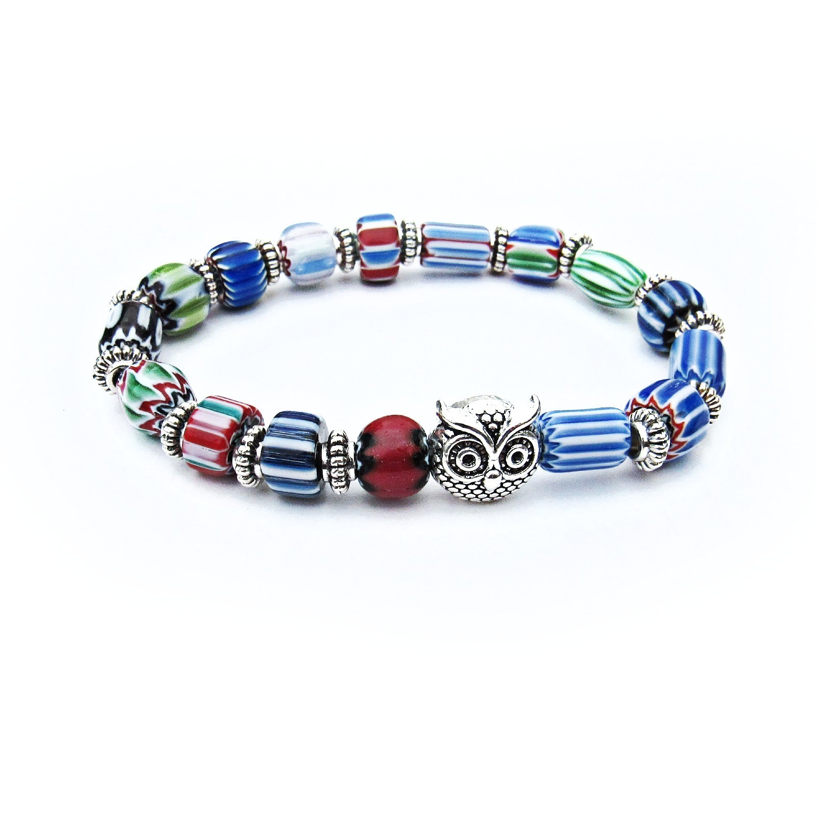 Mixed Chevron Glass Beaded Stretch Bracelet, 6 Inches, Pewter Owl, Multi Colors
