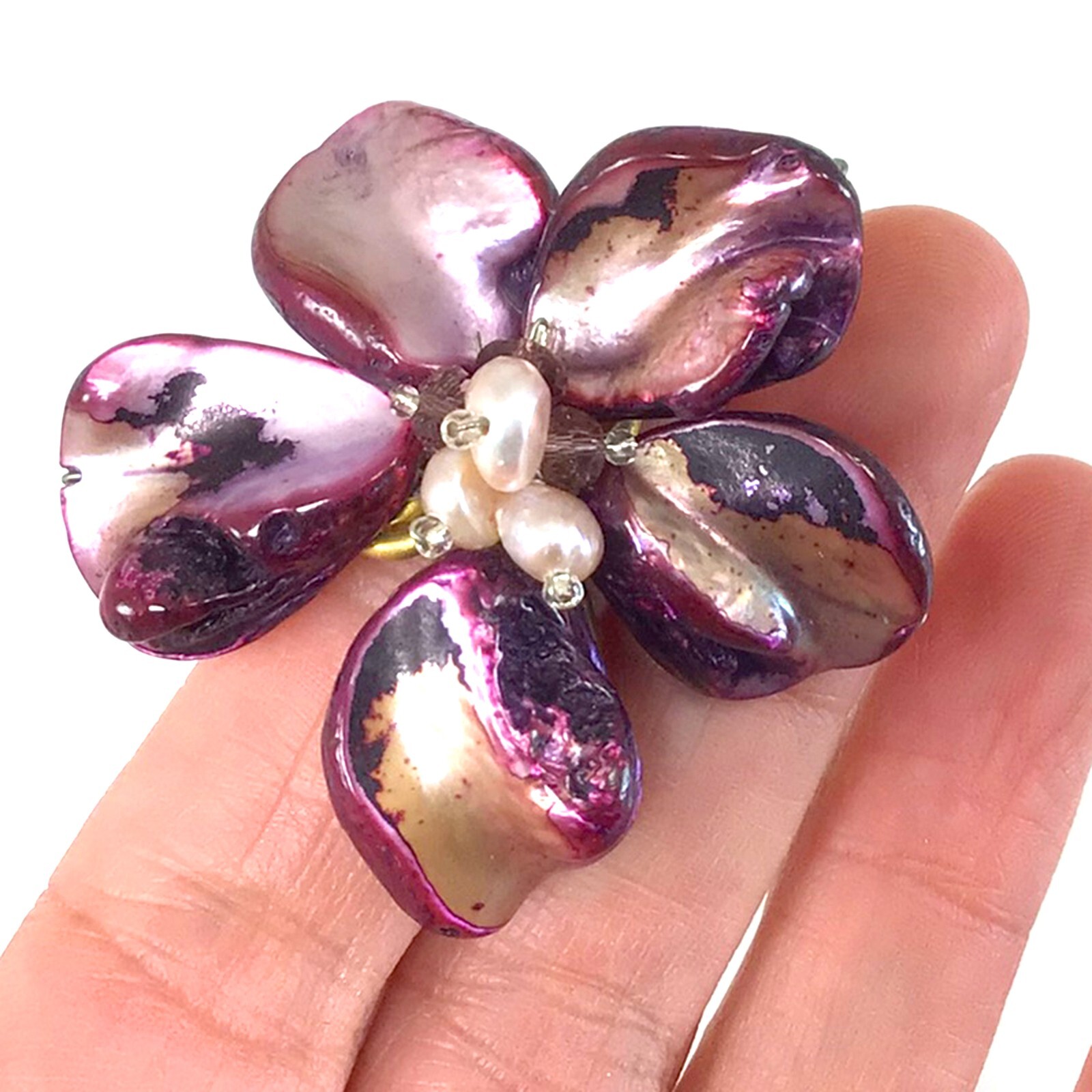 Large Flower Ring Champagne Mother of Pearl Ring Flower Adjustable Ring Purple