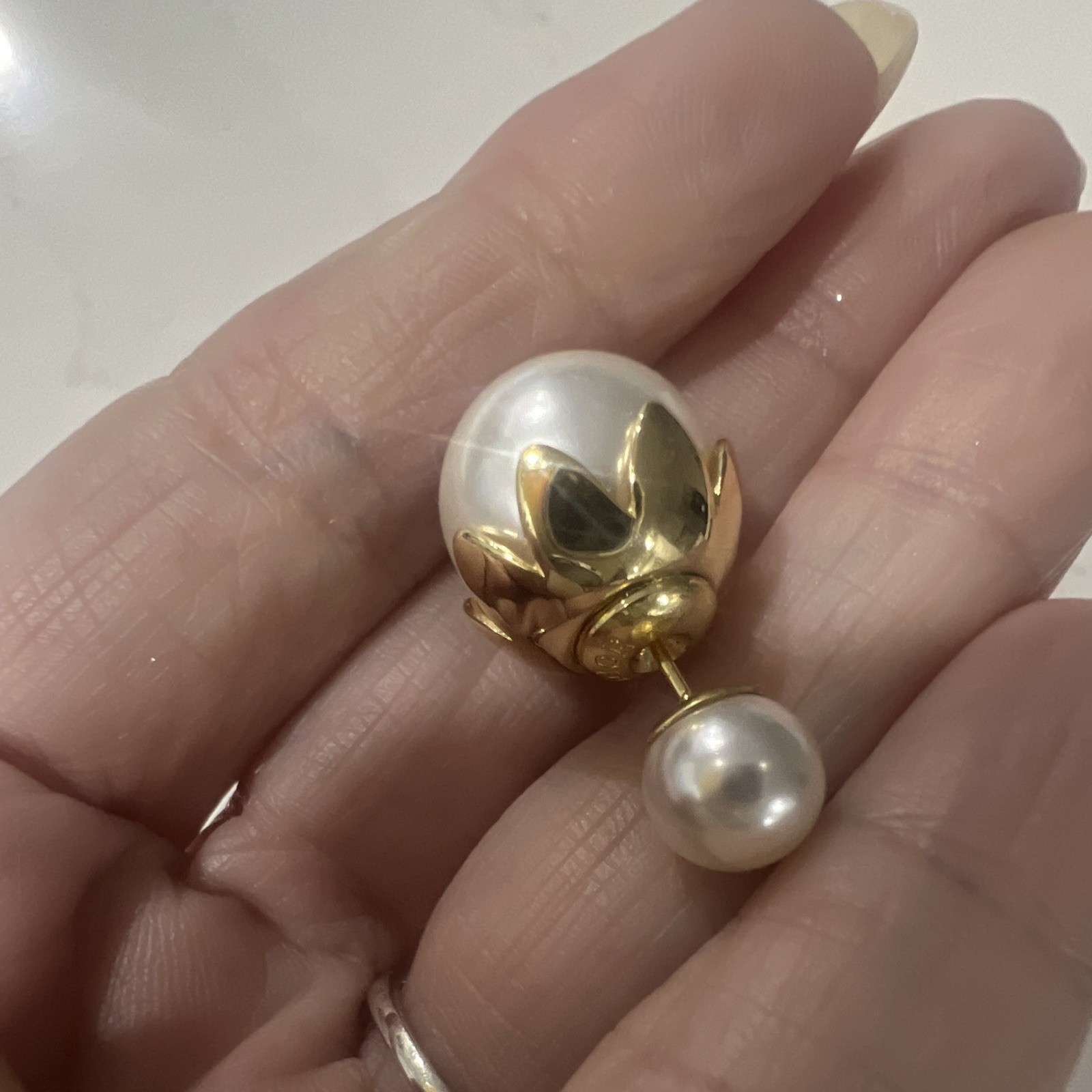 Gold Tone Double Sided Faux Pearl Stud Dangle Drop Earrings White Round Pearl