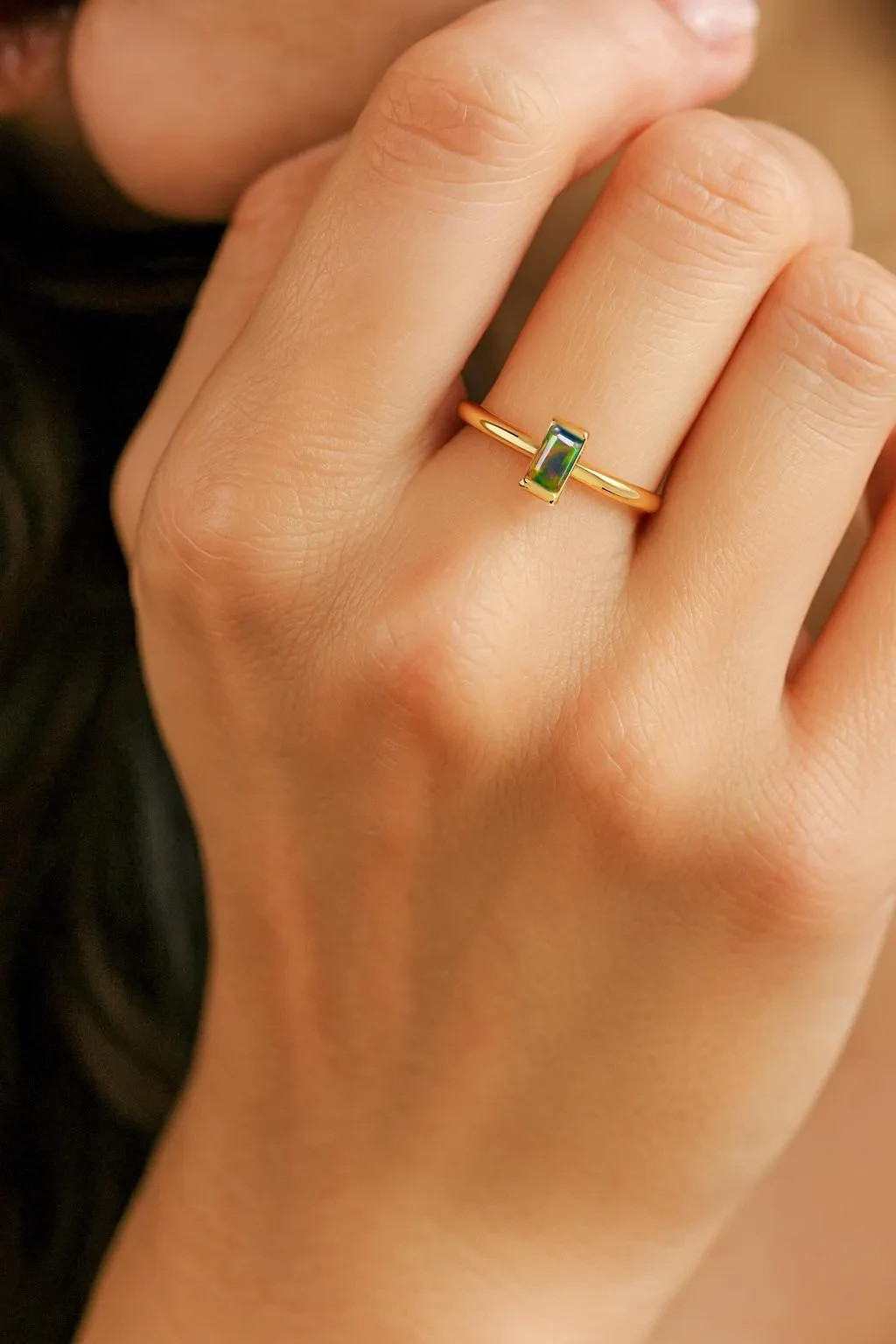 Fire Black Opal Baguette Gemstone Stackable Ring, Natural Fire Opal Gemstone